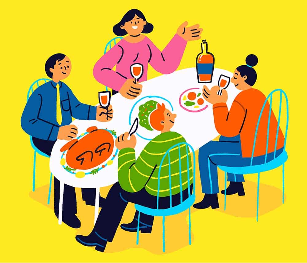 Illustration of four people sharing a meal and drinks.